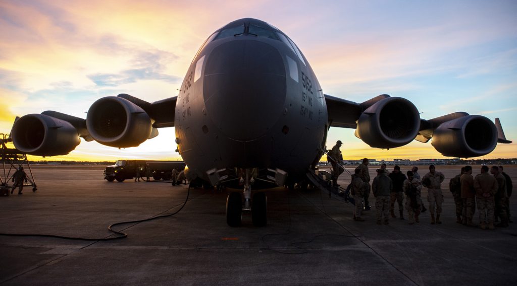 U.S. Army Soldiers from the 3rd Special Forces Group depart a Hawaii Air National Guard C-17 Globemaster III Jan. 21, 2019, during exercise Southern Strike at the Gulfport Combat Readiness Training Center, Miss. The 204th Airlift Squadron transported personnel and vehicles from the Camp Shelby Joint Forces Training Center, near Hattiesburg, Miss., during exercise Southern Strike. The aircraft also carried a team of distinguished visitors from the Chilean Army. The annual training is a is a total force, multi-service exercise hosted by the Mississippi Air National Guard’s Combat Readiness Training Center in Gulfport, and Camp Shelby Joint Forces Training Center near Hattiesburg, Miss. from Jan. 15 through Jan. 30. The exercise emphasizes air-to-air, air-to-ground and special operations forces training opportunities. (U.S. Air National Guard photo by Senior Airman John Linzmeier)