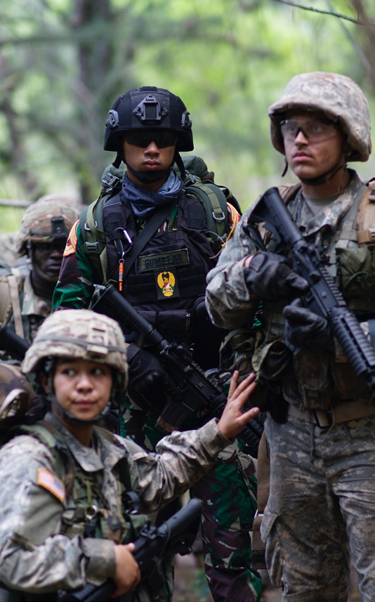 An ROTC Soldier sets the Gap during a filed maneuver that was apart of an exchange between the University of Hawaii Reserve Officers’ Training Corps, the Hawaii Army National Guard Officer Candidate School and the Indonesian Military, April 13, 2019. (U.S. Air National Guard photo by Tech. Sgt. Andrew Jackson)