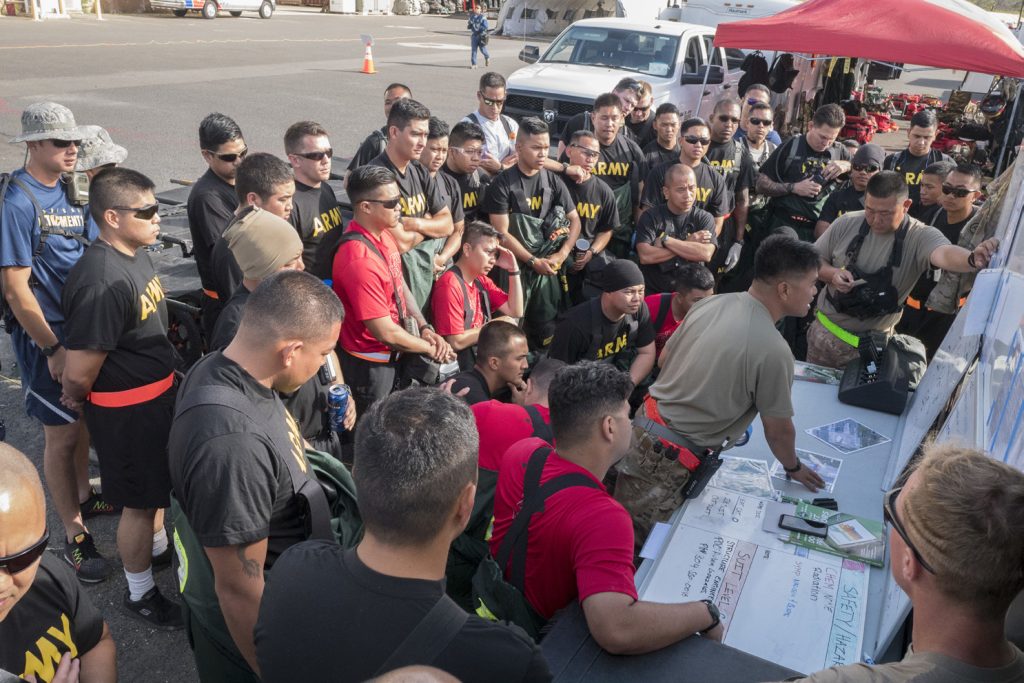 Search and extraction Airman and Soldiers from Hawaii’s Chemical, Biological, Radiological, Nuclear, and High-Yield Explosive, Enhanced-Response-Force-Package Team (CERFP) conduct a briefing during an evaluation exercise March 9, 2019, at Kalaeloa, Hawaii. The joint team’s primary duty is to search for patients, provide lifesaving interventions, and transport them to all-hazards-triage-response team members. Search and extraction members are trained to operate in confined space, high/low angle rescue, breaching/breaking operations, and shoring operations. (U.S. Air National Guard photo by Senior Airman John Linzmeier)