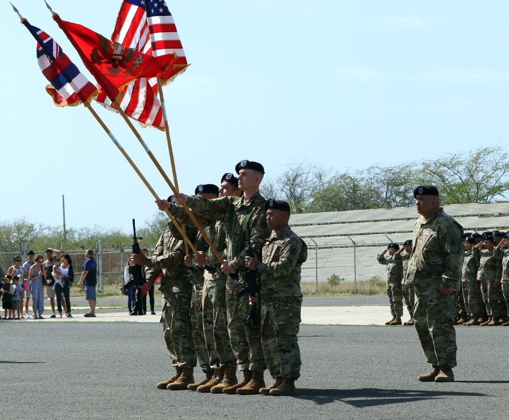 Soldiers of the 1st Battalion, 487th Field Artillery Regiment, hold a deployment ceremony at the 29th Infantry Brigade Combat Team Readiness Center on March 17, 2019. This will be the unit’s third deployment.