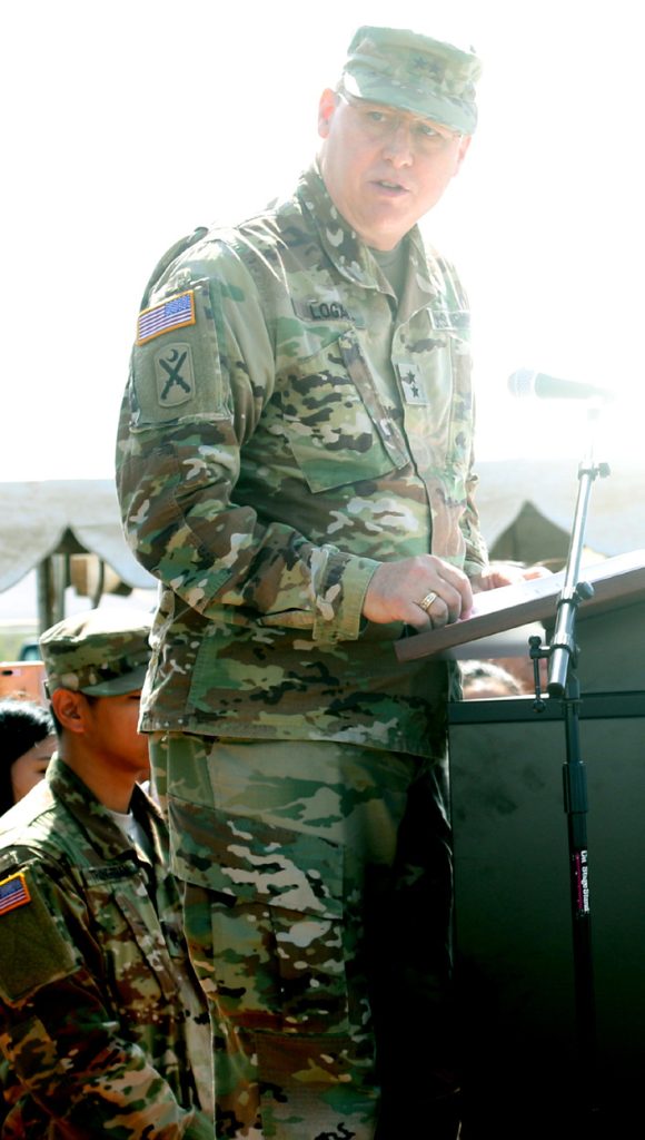 Major General Arthur J. Logan gives remarks during a deployment ceremony at the 29th Infantry Brigade Combat Team Readiness Center in Kalaeloa, HI on March 17, 2019.