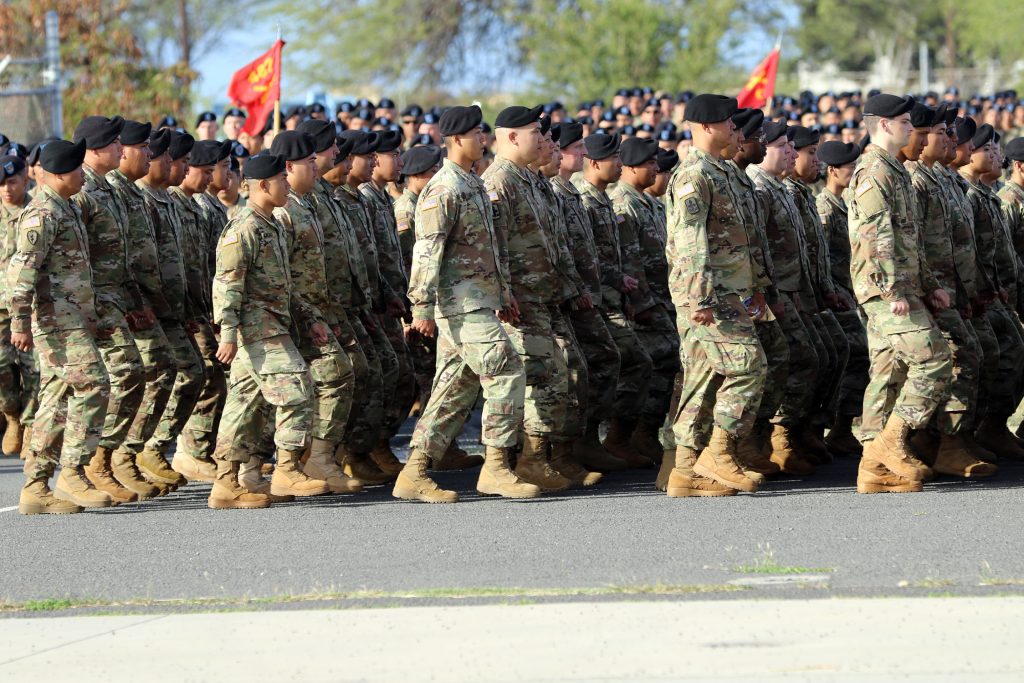 Soldiers of the 1st Battalion, 487th Field Artillery Regiment, hold a deployment ceremony at the 29th Infantry Brigade Combat Team Readiness Center in Kalaeloa, HI on March 17, 2019. This will be the unit’s third deployment.