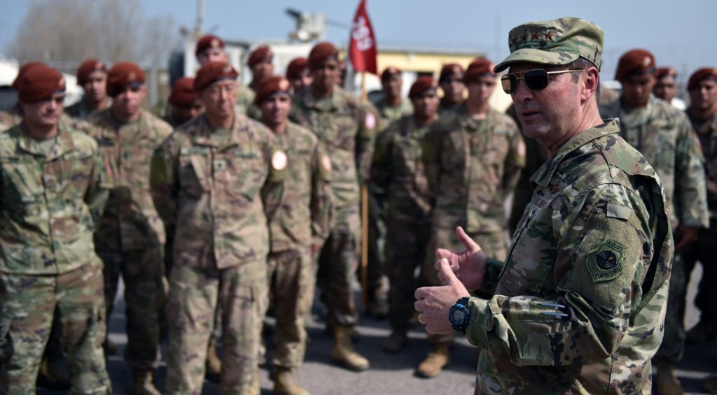 Air Force Gen. Joseph Lengyel, chief, National Guard Bureau, talks with Hawaii National Guard members deployed with the Multinational Force and Observers, the Sinai Peninsula, Egypt, May 1, 2019. (U.S. Army National Guard photo by Sgt. 1st Class Jim Greenhill)