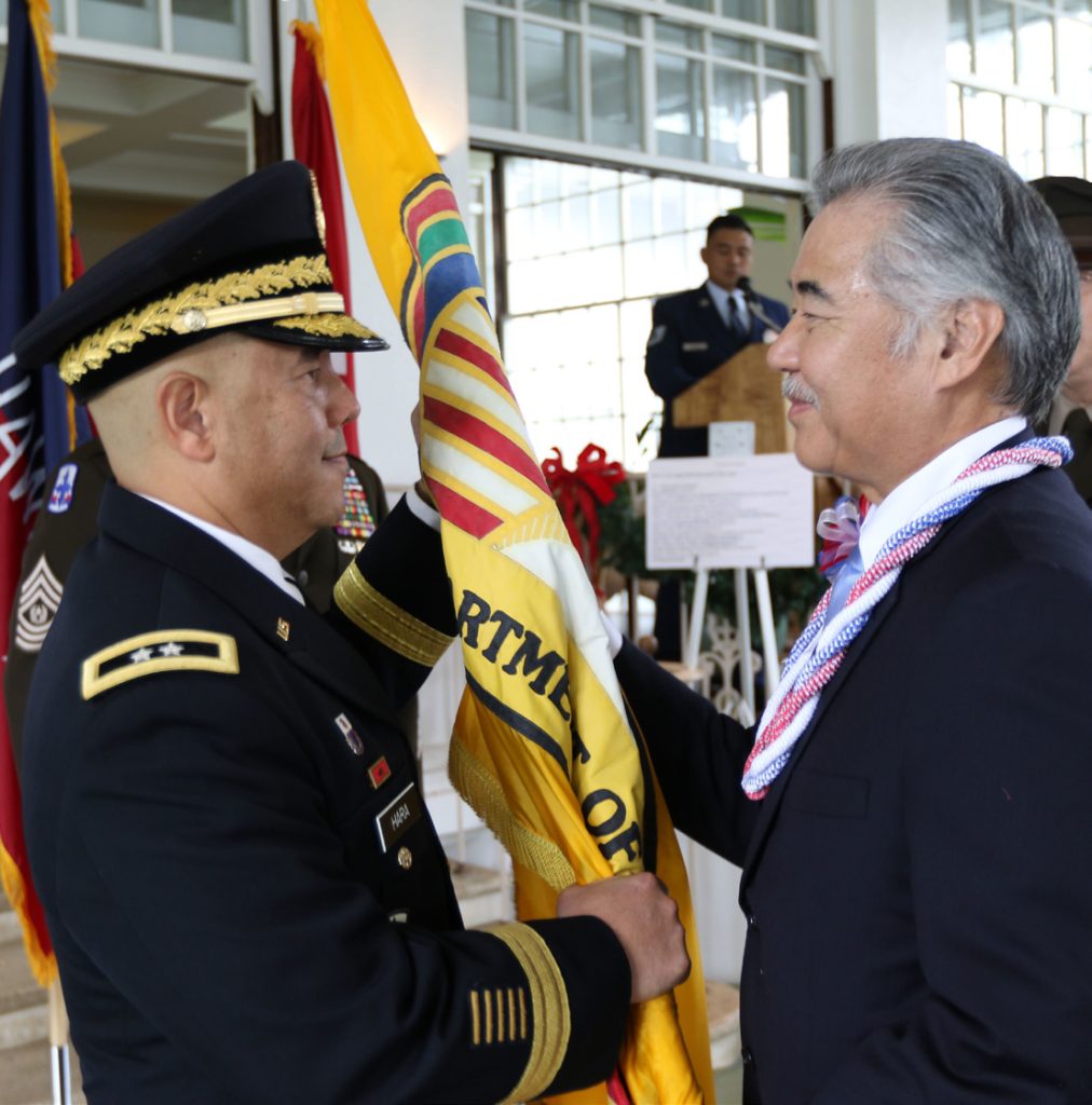 The Adjutant General of Hawaii, Maj. Gen. Arthur “Joe” Logan, relinquishes responsibility to former Deputy Adjutant General, Maj. Gen. Kenneth S. Hara during a transfer of authority ceremony as Soldiers, Airmen, distinguished guests, family and friends gather at Washington Place, Hawaii, Dec. 6, 2019. After five years of leadership as the Adjutant General, Maj. Gen. Logan will be retiring from the Hawaii Army National Guard next month with over forty years of dedicated service. Please join the State of Hawaii in bidding a fond farewell to Maj. Gen. Logan and his ohana, for his service and dedication.