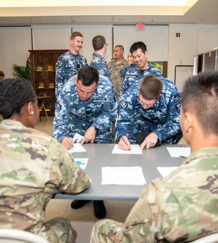 Members of the Royal Australian Air Force check in for a welcome briefing at Joint Base Pearl Harbor-Hickam Aug. 19, 2019 during fighter exercise Sentry Aloha 19-2. The exercise entails back-to-back combat sorties with visiting aircraft from visiting air national guard units and the Royal Australian Air Force. (U.S. Air National Guard photo by Master Sgt. Mysti Bicoy)