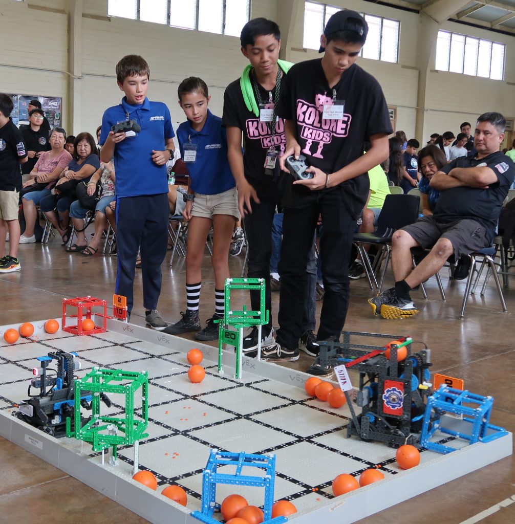 STARBASE Hawaii’s middle school team (Henry Shiro and Cahara Stecher) competes in the Big Island VEX IQ Tournament on February 1, 2020.