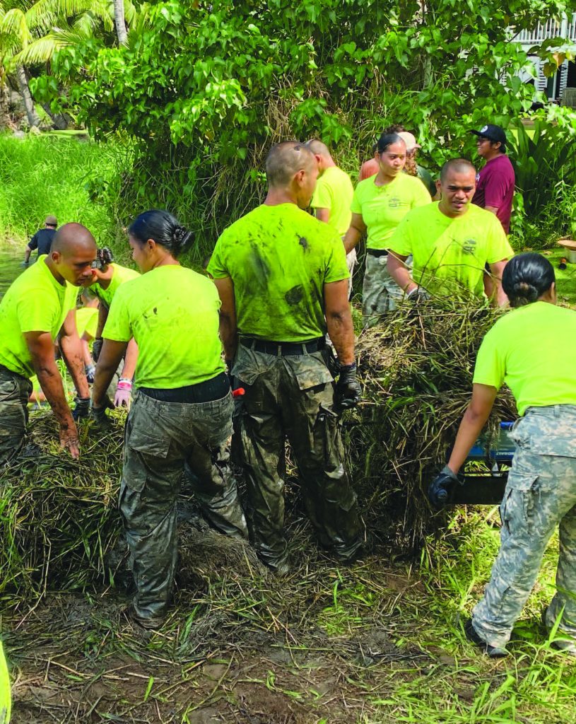 Class 60 Cadets participate in the Malama Loko Ea Fish Pond restoration, located in Haleiwa. These cadets learn and practice land stewardship, and gain knowledge of the history and traditional Hawaiian practices of the fish pond. – Cadre Afaese photo