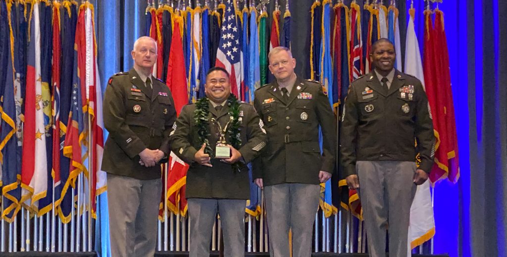 U.S. Army Master Sgt. Earl Ventura, second from left, from the Hawai‘i Army National Guard, receives the Best Recruiting and Retention Non-Commissioned Officer in Charge award from Lt. Gen. Jon Jensen, far left, Director of the Army National Guard at the Director’s Strength Maintenance Awards Conference in Houston, TX, Mar. 14, 2024. The Director’s Strength Maintenance Awards Conference offered recruiting and retention Soldiers the opportunity to network, exchange best practices, and honor the Army National Guard’s best recruiters. (Courtesy photo by U.S. Army National Guard Command Sgt. Maj. Scott Stimpson)