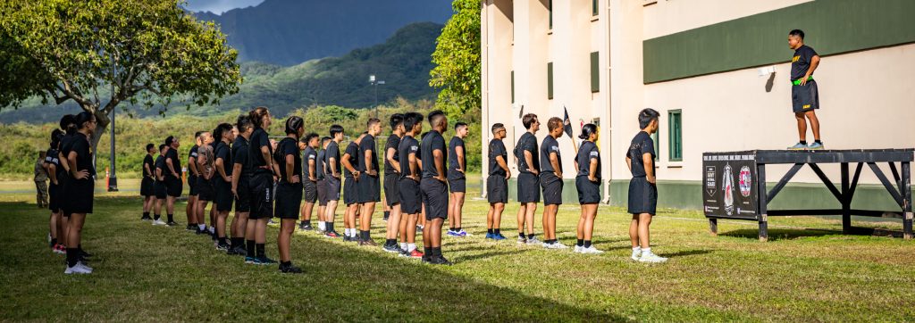 U.S. Army recruits with the Recruit Sustainment Program (RSP), Recruiting and Retention Battalion, Hawai‘i Army National Guard (HIARNG), conduct physical readiness training during RSP training at the Regional Training Institute, Waimanalo, Hawai‘i, March 2, 2024. The HIARNG RSP training primarily focuses on ensuring the RSP warrior is mentally prepared, administratively correct and physically ready to ship and complete basic training. (U.S. Army National Guard photo by Sgt. Lianne M. Hirano)