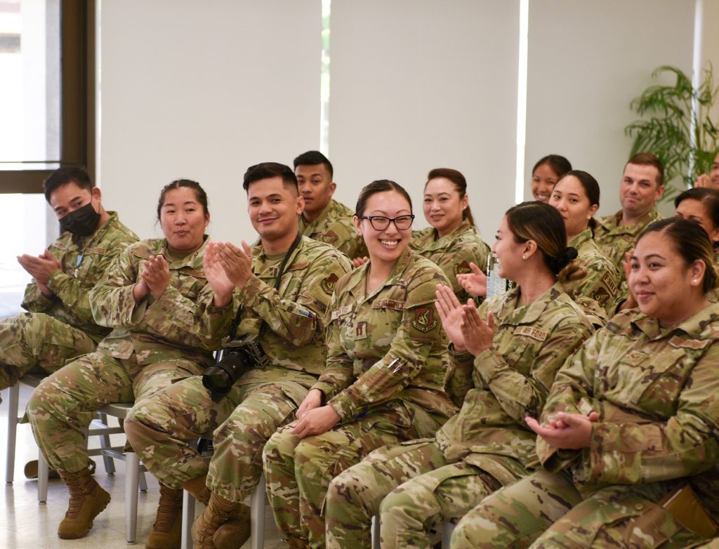 Capt. Tina T. Kanatus is applauded for being selected as the National Guard Bureau Force Support Reserve Component Company Grade Officer of the Year (Installation Level) March 2, 2024, at Joint Base Pearl Harbor- Hickam, Hawaii. Kanatus is believed the first Guardsman to take home this national level award for the second year running, demonstrating unparalleled leadership and adaptability for the years of 2022 and 2023. Beyond her exceptional performance in assignments within the Pacific Air Force’s Inspector General Team and her instrumental role in the administration of Talisman Sabre, her ongoing management of accountability for Joint Task Force-Red Hill stands as a testament to her enduring impact and invaluable contributions to mission success. (U.S. Air National Guard photo by Tech. Sgt. John Linzmeier)