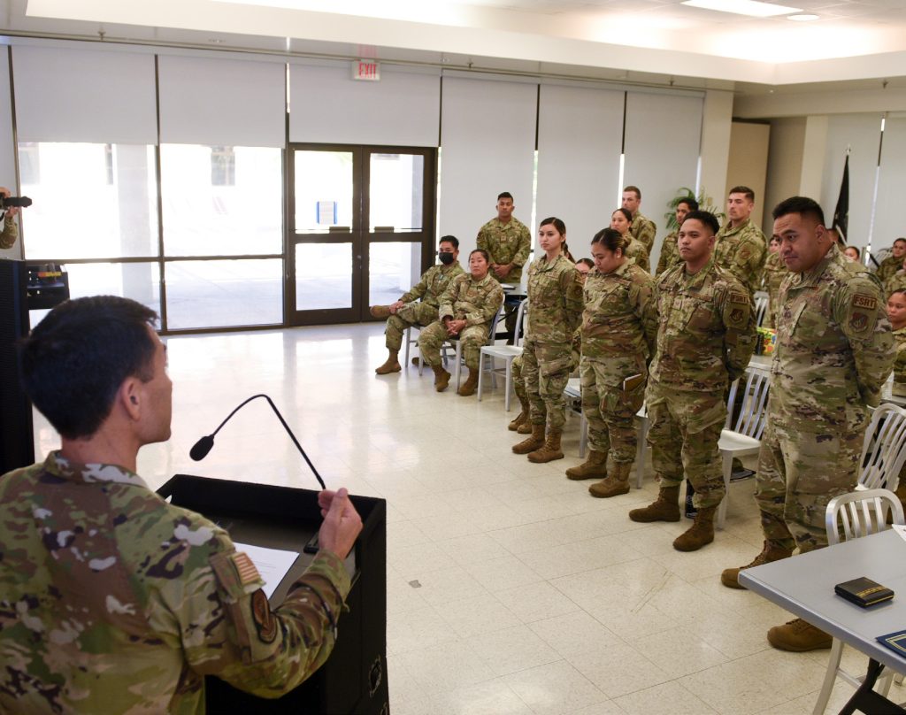 Members of the 154th Force Support Squadron Fatality Search and Recovery Team as they are announced to be the National Guard Bureau A1 Special Recognition Team (Installation Level) March 2, 2024, at Joint Base Pearl Harbor- Hickam, Hawaii. The FSRT’s rapid deployment and successful operation in the wake of the State of Hawaii’s deadliest wildfire exemplify their exceptional readiness and efficiency, conducted through the most challenging of circumstances. Covering an expansive area and delivering crucial closures to affected families, their actions highlight an unmatched level of preparedness and commitment to helping those in need. (U.S. Air National Guard photo by Tech. Sgt. John Linzmeier)
