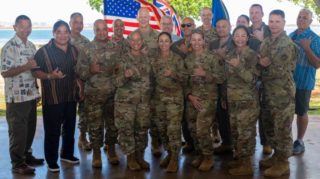 U.S. Air Force commanders past and present gathered together for 154th Medical Group commander Lt. Col. Elzadia Kaina’s assumption of command ceremony May 7, 2023 on Joint Base Pearl Harbor-Hickam, Hawaii. During the ceremony, Kaina invited former and current commanders for a photo opportunity highlighting diversity and the importance of representing different perspectives in leadership. (U.S. Air National Guard photo by Airman 1st Class Roann Gatdula)