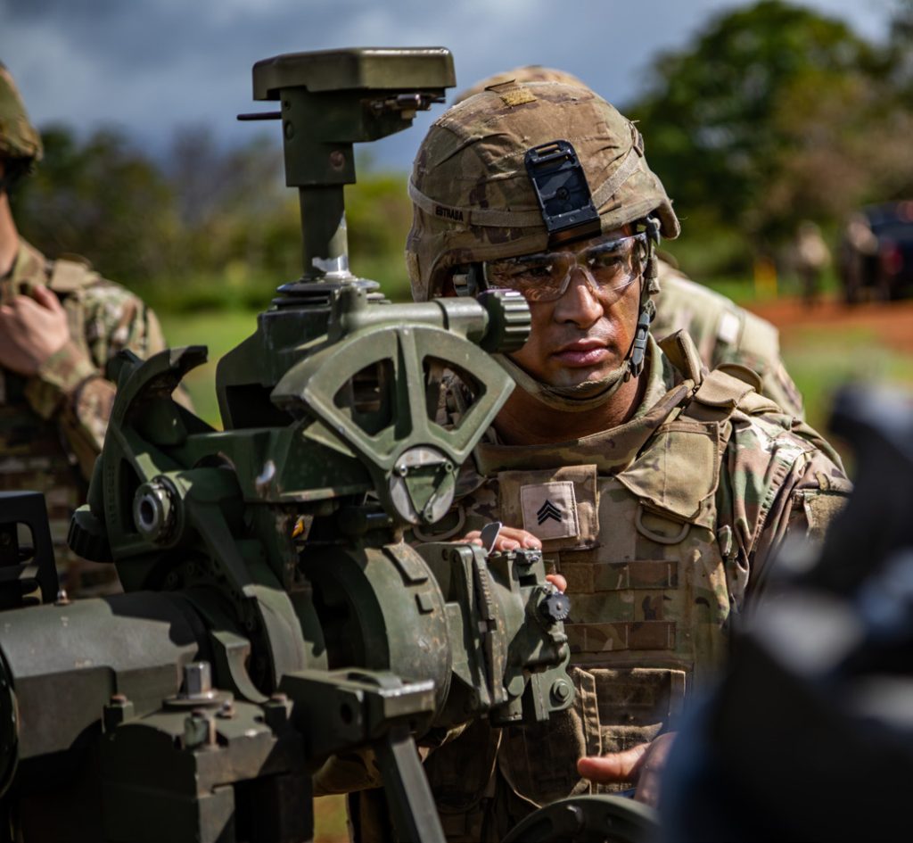 U.S. Soldiers assigned to Charlie Company, 1st Battalion, 487th Field Artillery Regiment (1-487 FA), 29th Brigade Support Battalion, Hawaii Army National Guard conduct fire support certification at Schofield Barracks, Hawaii, Jan. 6, 2024. Soldiers conduct certification on various weapon platforms to maintain proficiency to validate combat capabilities and readiness. (U.S. Army National Guard photo by Staff Sgt. Matthew A. Foster)
