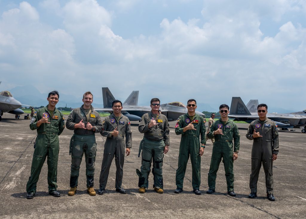 Philippine Air Force pilots welcome U.S. Air Force pilots from the 199th Expeditionary Fighter Squadron, following a successful inaugural landing during the Marine Aviation Support Activity 24, at Basa Air Base, Philippines, June 13, 2024. The 199th EFS is comprised of 19th and 199th Fighter Squadrons known as the Hawaiian Raptors based out of Joint Base Pearl Harbor-Hickam, Hawai‘i. MASA is an annual Philippine-U.S. military exercise focused on mutual defense, strengthening relationships, and rehearsing emerging aviation concepts. (U.S. Air National Guard photo by Master Sgt. Mysti Bicoy)