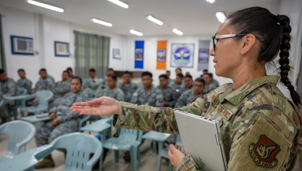U.S. Air Force Maj. Jennifer Nuanes, 15th Aircraft Maintenance Squadron director of operations, conducts a Maintenance Subject Matter Exchange with the Philippine Air Force during the Marine Aviation Support Activity 24, Basa Air Base, Philippines, June 13, 2024. Enhancing interoperability between the U.S. and Philippine air forces contributes to the long-term advancement of our nations’ shared interests. (U.S. Air National Guard photo by Master Sgt. Mysti Bicoy)
