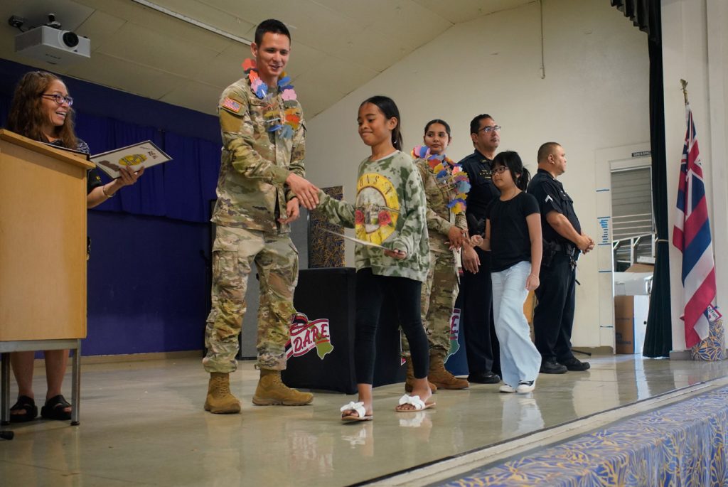 In a joint effort with the Honolulu Police Department, the Hawai‘i National Guard Counter Drug program recently graduated it first Drug Abuse Resistance Education (D.A.R.E) program graduated 80 5th Grade students from Kauluwela Elementary School.