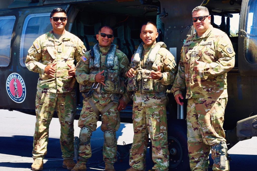 A Blackhawk crew supporting fire suppression on the Maui Crater Road fire. Pictured L-R: CW3 Paul Angeleo, SGT Roland Gacayan, SGT Alvin Galvez, CW4 Paul Clements