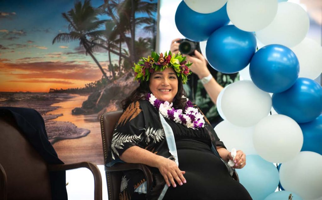 Lorna Souza, Hawai‘i Air National Guard Airman and Family Readiness coordinator, attends her retirement ceremony Aug. 23, 2024, at Joint Base Pearl Harbor-Hickam, Hawai‘i. Souza’s retirement brings to a close a career defined by dedication to the well-being of Guardsmen and their families. Her legacy will continue to inspire the HIANG community long after her departure. (U.S. Air National Guard photo by Master Sgt. Mysti Bicoy)