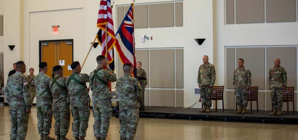 Maj. Gen. Kenneth S. Hara, Adjutant General for the State of Hawai‘i, Department of Defense, preside over the Hawai‘i Army National Guard change of command ceremony for outgoing commander Brig. Gen. Stephen F. Logan and incoming commander Brig. Gen. Tyson Y. Tahara in Kalaeloa, on Sept. 07, 2024. The change of command ceremony is a tradition that represents a formal transfer of authority and responsibility from the outgoing commander to the incoming commander. (U.S. Army National Guard photo by Spc. Sean Walker)