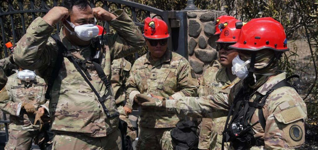 Search and Rescue Soldiers and Airmen attached to Hawai‘i National Guard CERF-P unit assist Maui County and State officials in the search and recovery efforts of Lahaina, August 10, 2023. Around 50 Guardsmen were mobilized on Aug. 9 after the wildfire struck Maui and assisted in the sweep of the affected area which will need to be completed before access can be restored to the few unaffected properties. (US National Guard media by Master Sgt. Andrew Jackson)