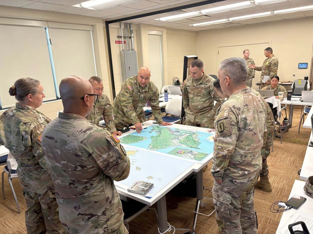 Course participants discussed plans on how the Hawai‘i National Guard would react to a Category 2 hurricane striking O‘ahu. (Hawai‘i Department of Defense photo)