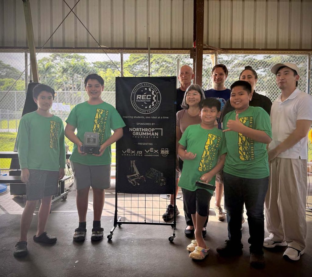 STARBASE/Kea‘au Puna Techs Team 5432B winning the Create Award at the Big Island League Finals. (Ken Smith photo)