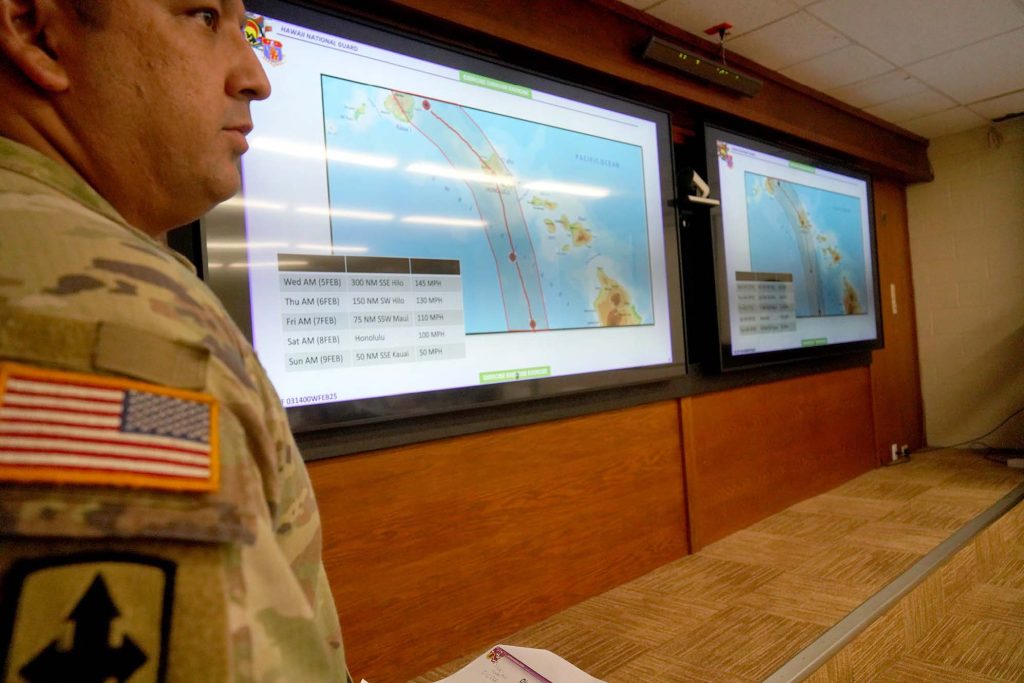 The path of a simulated Category 2 hurricane, Agnes, striking O‘ahu was part of the planning process during the course.(Hawai‘i Department of Defense photo)