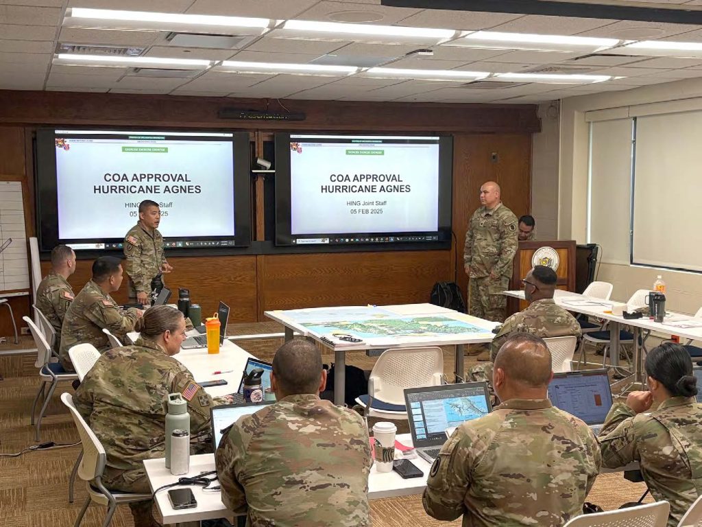Brig. Gen. Walter R. Ross Jr., Director of Joint Staff, received the Course of Action brief presented by the class’s staff members. (Hawai‘i Department of Defense photo)