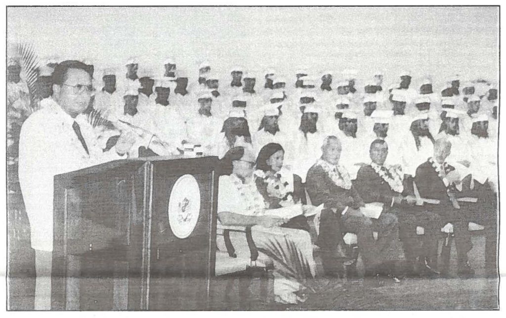 MARCHING ORDERS -- Hawaii's senior senator U.S. Senator Daniel K. Inouye speaks to the second Youth ChalleNGe Program graduating class at Leeward Community College auditorium in August.