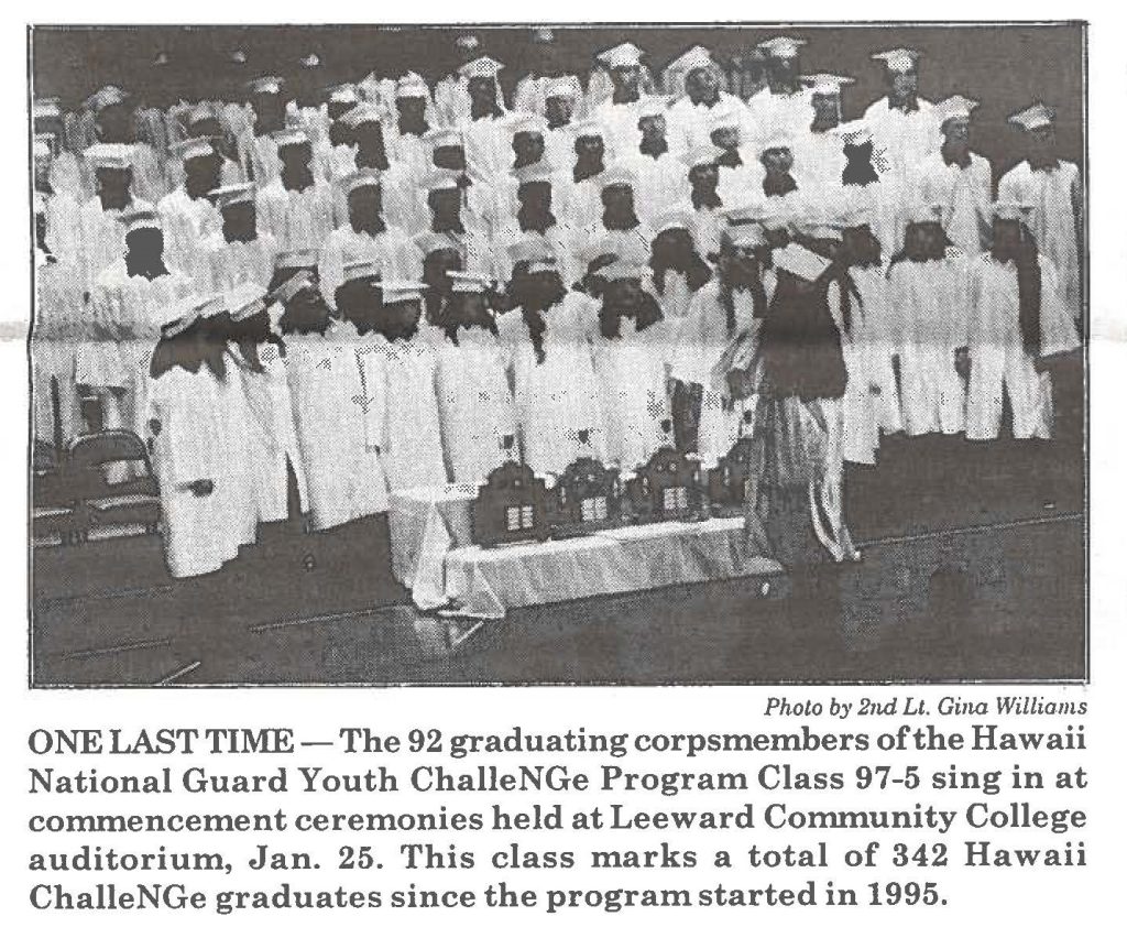 ONE LAST TIME -The 92 graduating corpsmembers of the Hawaii National Guard Youth ChalleNGe Program Class 97-5 sing in at commencement ceremonies held at Leeward Community College auditorium, Jan. 25. This class marks a total of 342 Hawaii ChalleNGe graduates since the program started in 1995.