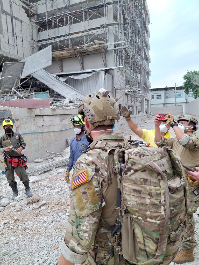 U.S. Indo-Pacific Command military personnel worked alongside Thai military and first responders near the collapsed State Audit Office building in Bangkok after a 7.7 magnitude earthquake affected Thailand and its neighboring countries on March 28. (Courtesy photo)