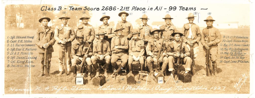 Class B - Team Score 2686 - 21st Place in All - 99 Teams 1. Sgt. Edmund Young 2. Capt. E.K. Hohu 3. Lt. Harvey Cornwell 4. Sgt. Ezer K. Matthews 5. Lt. A.E. Minville 6. Sgt. Daniel Lansing 7. Cpl. Kong Kum 8. Pvt 1st Cl. Wm. Yee 9. Lt. J.I.P. Kekahuna 10. Capt. Hiram Naipo 11. Maj. G. C. Ross (Coach) 12. Maj. W.S. Chillingworth (Team Capt.) 13. Maj. Ed. Bolton (Range Offficer) 14. Capt. Jas. Ho Yap 15. Capt. Lono McCallum Hawaii National Guard Rifle Team - National Matches, Camp Perry Ohio, 1927