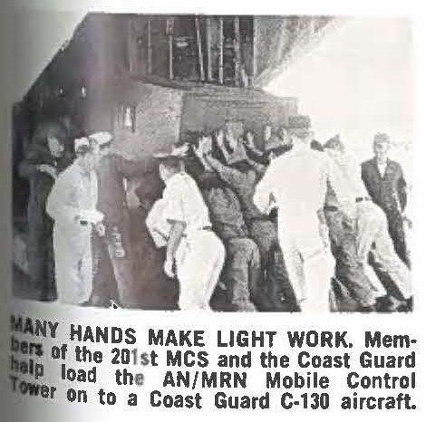 MANY HANDS MAKE LIGHT WORK. Members of the 201st MCS and the Coast Guard help load the AN/MAN Mobile Control tower on to a Coast Guard C-130 aircraft.