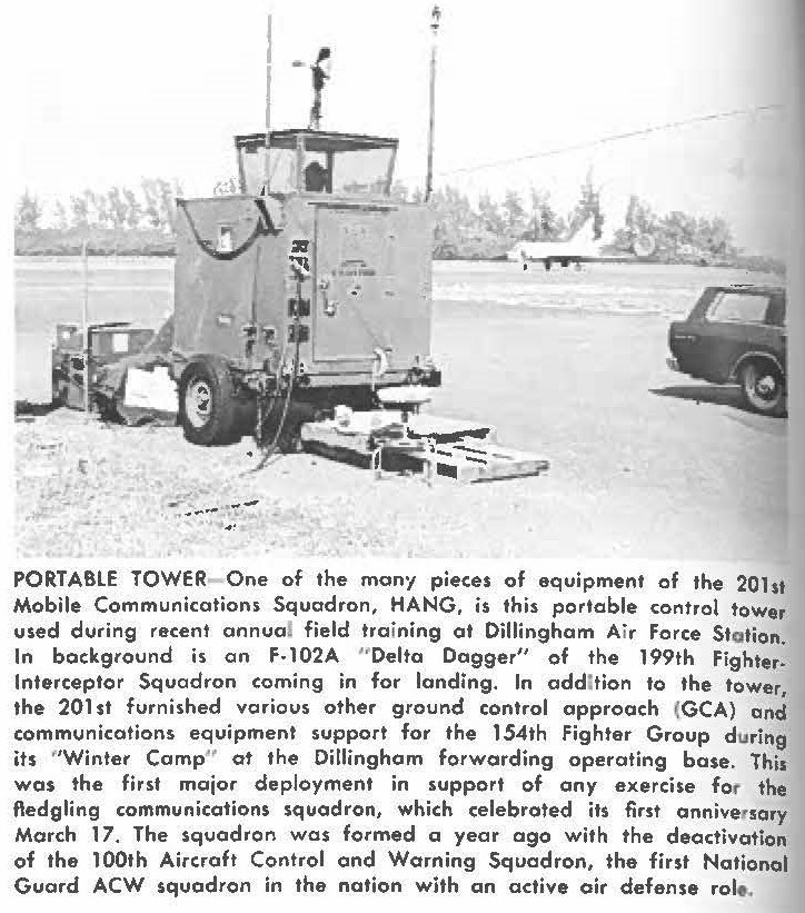 PORTABLE TOWER One of the many pieces of equipment of the 201st Mobile Communications Squadron, HANG, is this portable control tower used during recent annual field training at Dillingham Air Force Station. In background is on f-102A " Delta Dagger" of the 199th Fighter Interceptor Squadron coming in for landing. In addition to the tower the 201st furnished various other ground control approach (GCA) and communications equipment support for the 154th Fighter Group during its "Winier Camp" at the Dillingham forwarding operating base. This was the first major deployment in support of any exercise for the fledgling communications squadron, which celebrated its first anniversary March 17. The squadron was formed a year ago with the deactivation of the 100th Aircraft Control and Warning Squadron, the first National Guard ACW squadron in the nation with an active air defense role.