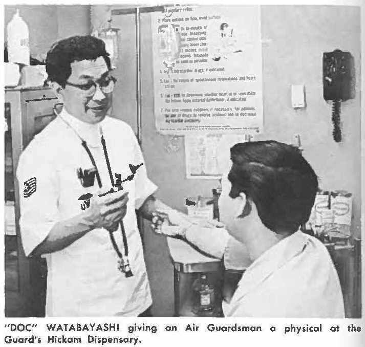 "DOC" WATABAYASHI giving on Air Guardsman a physical at the Guard's Hickam Dispensary.