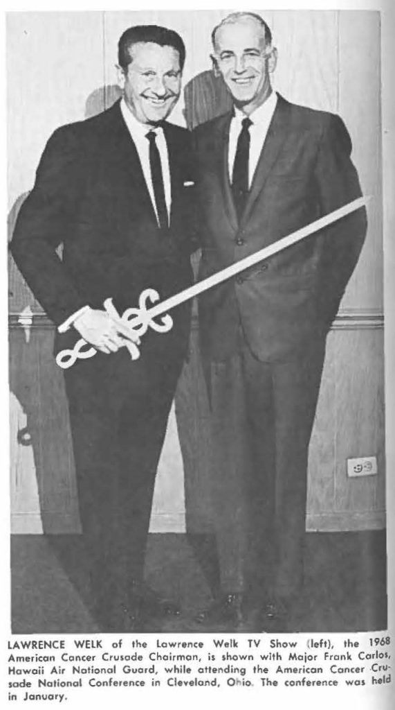 LAWRENCE WELK of the Lawrence Welk TV Show (left), the 1968 American Cancer Crusade Chairman, is shown with Major Frank Carlos, Hawaii Air Notional Guard, while attending the American Cancer Crusade National Conference in Cleveland, Ohio. The conference was held in January.