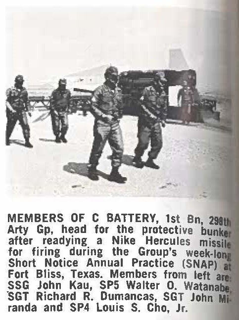 MEMBERS OF C BATTERY, 1st Bn 291th Arty Gp, head for the protective bunker after readying a Nike Hercules missile for firing during the Group's week-long Short Notice Annual Practice (SNAP) at Fort Bliss, Texas. Members from left are SSG John Kau, SPS Walter O. Watanabe SGT Richard R. Dumancas, SGT John Miranda and SP4 Louis S. Cho, Jr.