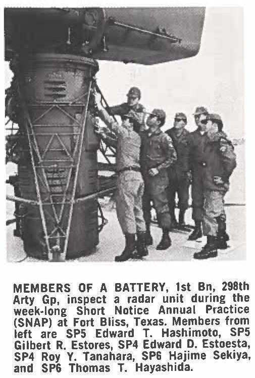 MEMBERS OF A BATTERY, 1st Bn, 298th Arty Gp, inspect a radar unit during the week-long Short Notice Annual Practice (SNAP) at Fort Bliss, Texas. Members from left are SP5 Edward T. Hashimoto, SP5 Gilbert R. Estores, SP4 Edward D. Estoesta, SP4 Roy Y. Tanahara, SP6 Hajime Sekiya, and SP6 Thomas T. Hayashida.