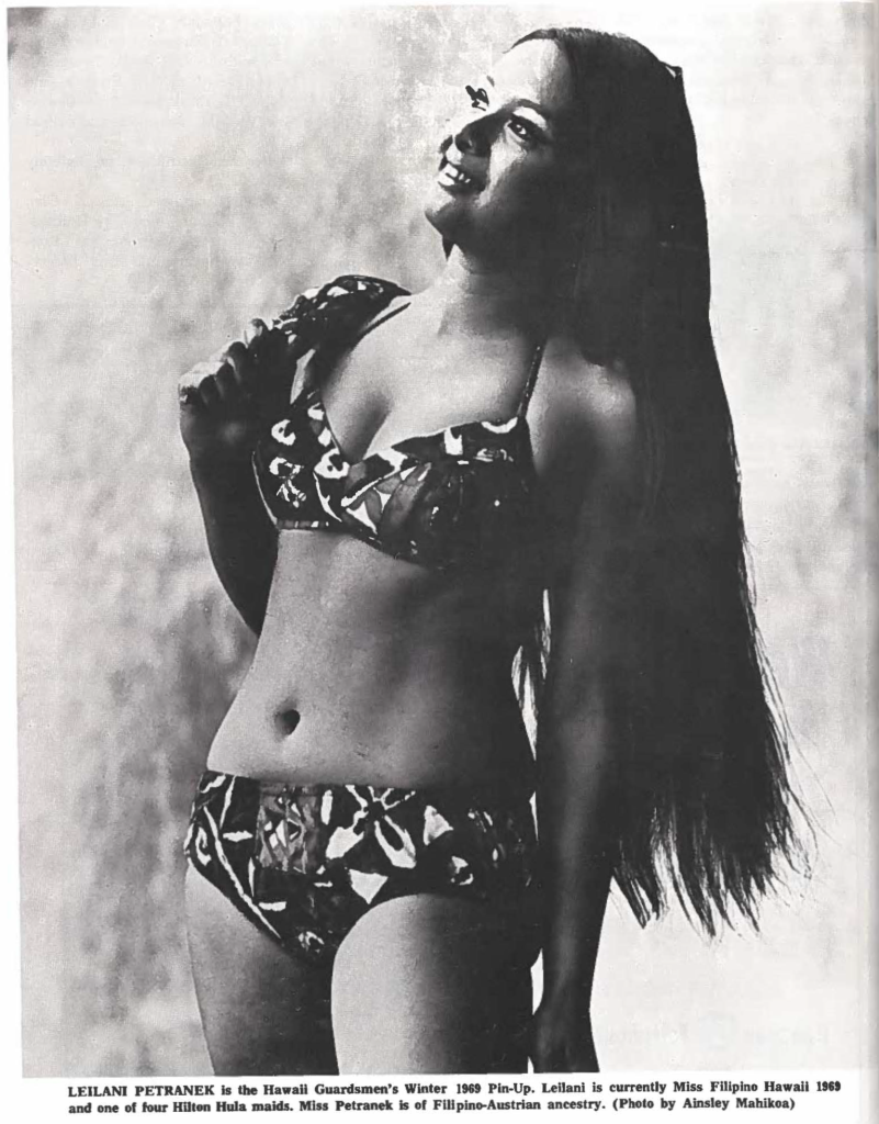 LEILANI PETRANEK is the Hawaii Guardsmen's Winter 1969 Pin-Up. Leilani is currently Miss Filipino Hawaii 1961 and one of four Hilton Hula maids. Miss Petranek ls of Filipino-Austrian ancestry. (Photo by Ainsley Mahikoa)