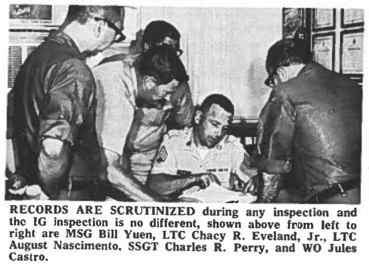 RECORDS ARE SCRUTINIZED during any inspection and the IG inspection is no different, shown above from left to right are MSG Bill Yuen, LTC Chacy R. Eveland, Jr, LTC August Nascimento, SSGT Charles R. Perry, and WO Jules Castro,