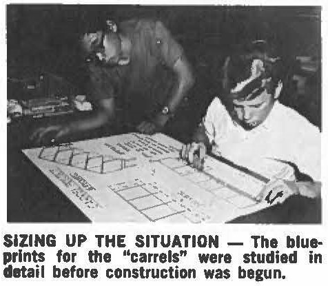 SIZING UP THE SITUATION - The blueprlnts for the "carrels" were studied in detail before construction was begun.
