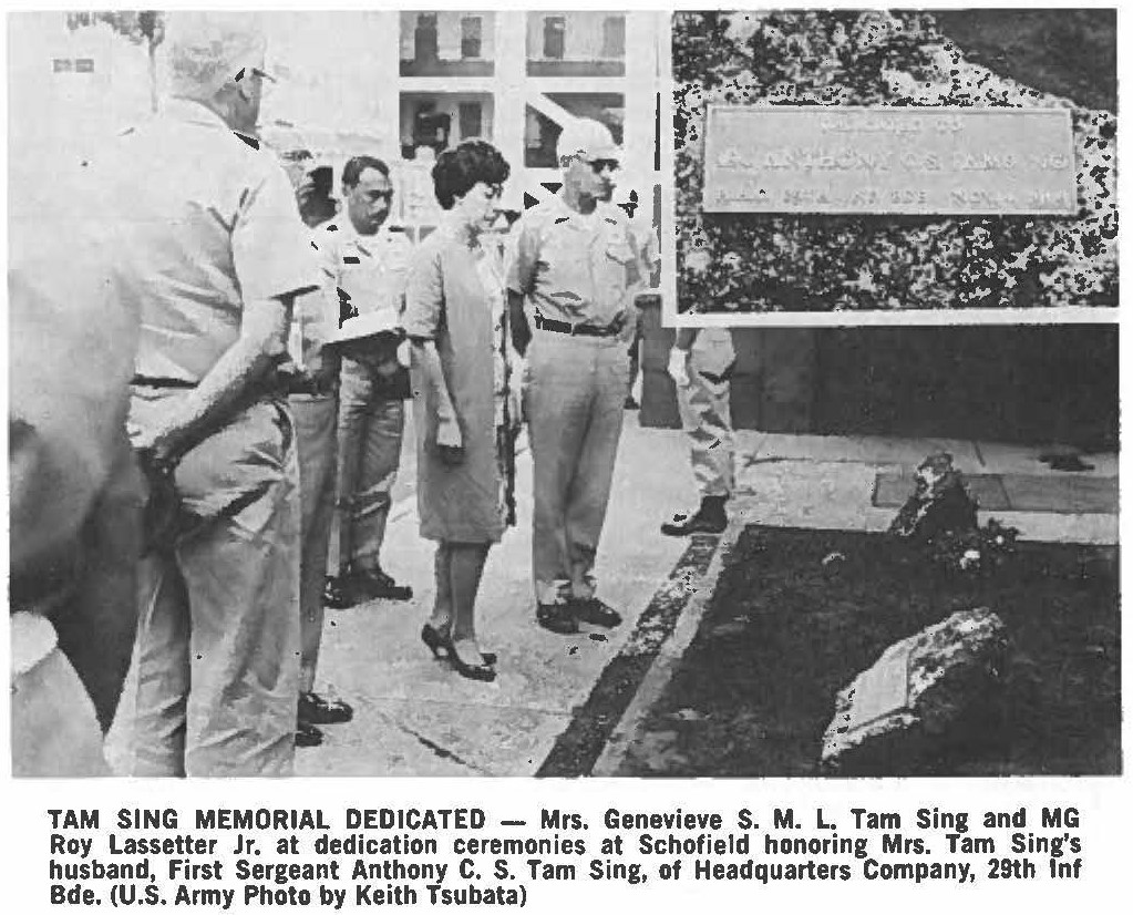 TAM SING MEMORIAL DEDICATED - Mrs. Genevieve S. M. L. Tam Sing and MG Roy Lassetter Jr. at dedication ceremonies at Schofield honoring Mrs. Tam Sing's husband, First Sergeant Anthony C. S. Tam Sing, of Headquarters Company, 29th Inf Bde. (U.S. Army Photo by Keith Tsubata)