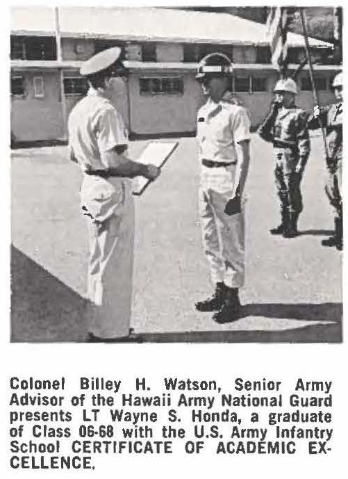 Colonel Billey H. Watson, Senior Army Advisor of the Hawaii Army National Guard presents LT Wayne S. Honda, a graduate of Class 06-68 with the U.S. Army Infantry School CERTIFICATE OF ACADEMIC EXCELLENCE.