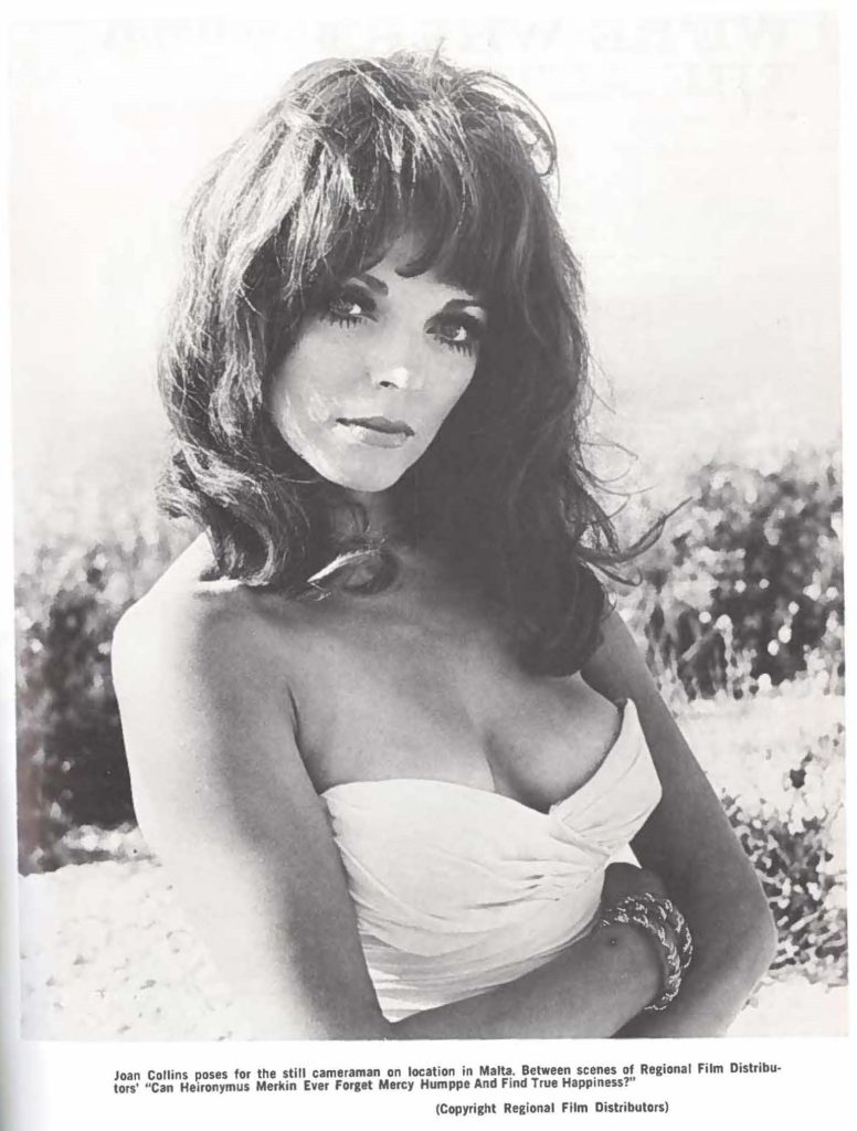 Joan Collins Poses for the still cameraman on location in Malta. Between scenes of Regional Film Distributors "Can Heironymus Merkin Ever Forget Mercy Humppe and Find True Happiness?"
