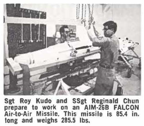 Sgt Roy Kudo and SSgt Reginald Chun prepare to work on an AIM-268 FALCON Air-to-Air Missile. This missIle is 85.4 in. long and weighs 285.5 lbs.