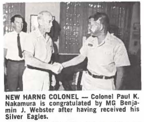 NEW HARNG COLONEL - Colonel Paul K. Nakamura is congratulated by MG Benjamin J. Webster after having received his SiIver Eagles.