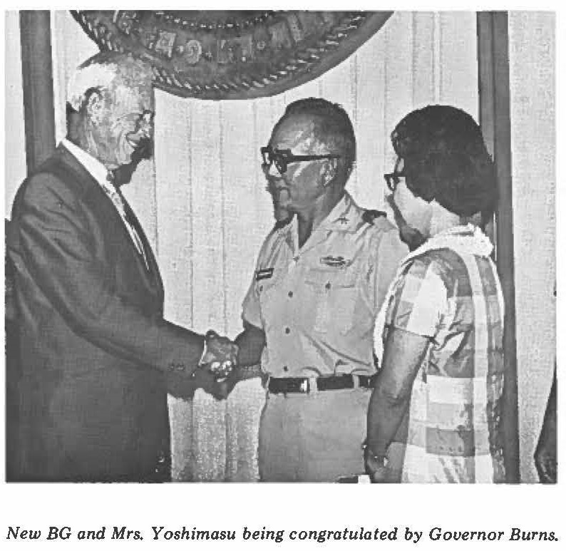 New BG cmd Mrs. Yoshimasu being congratulated by Governor Burns.