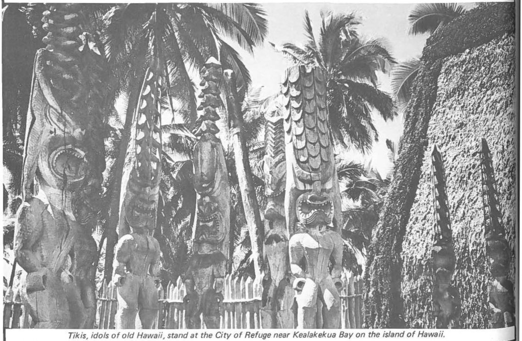 Tikis, idols of old Hawaii, stand at the City of Refuge near Kealakekua Bay on the island of Hawaii.