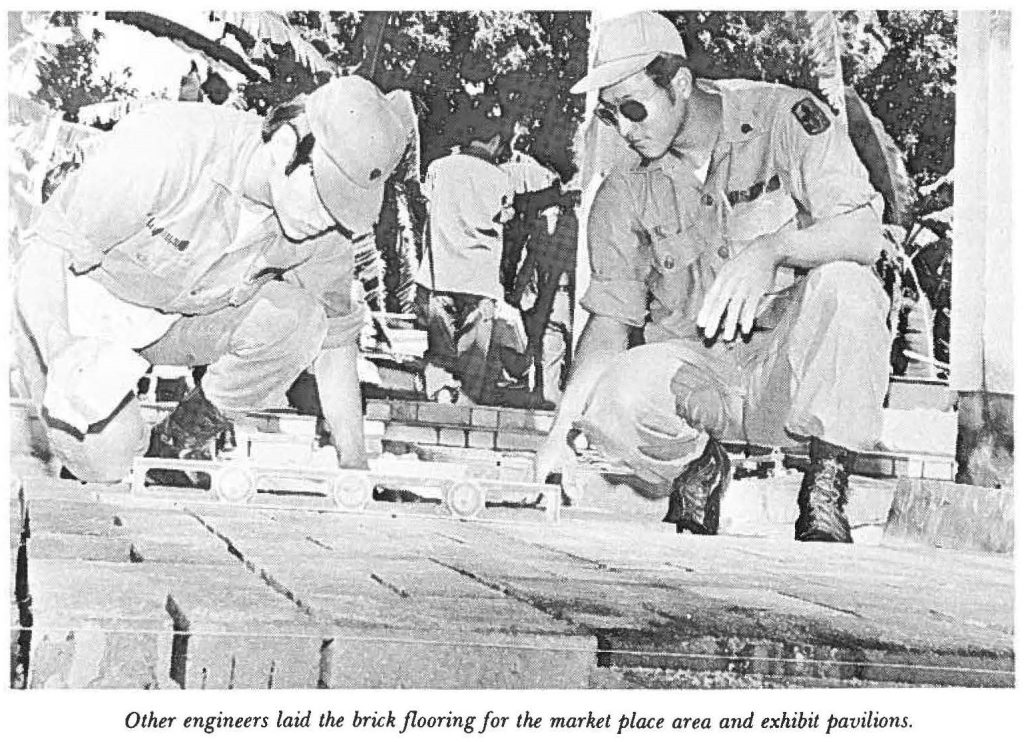 Other engineers laid the brick flooring for the market place area and exhibit pavilions.