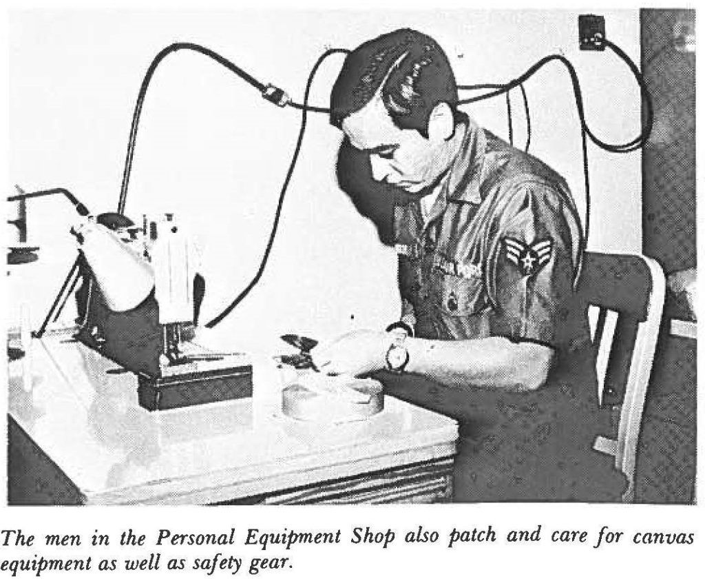 The men in the Personal Equipment Shop also patch and care for canvas equipment as well as safety gear.